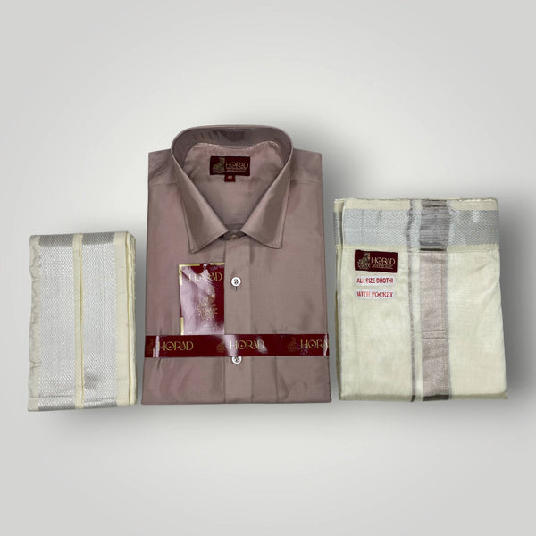 Horad Premium Art Silk Sandstone Shirt + Cream with Silver Welcro Dhoti + Angavastram