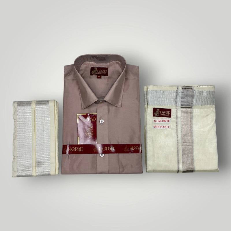 Horad Premium Art Silk Sandstone Shirt + Cream with Silver Welcro Dhoti + Angavastram