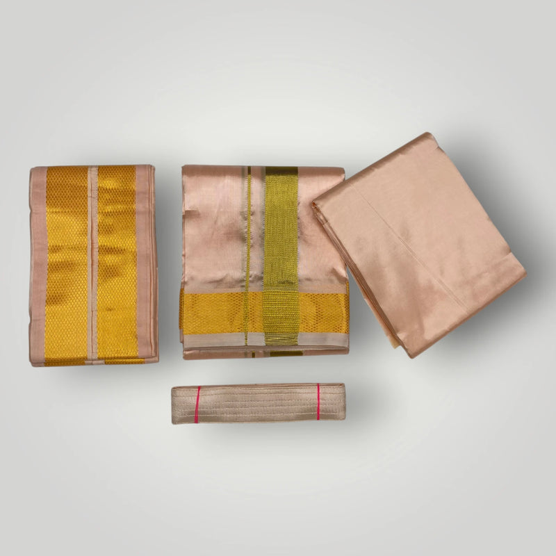 HORAD Premium Art Silk Rose Gold Shirt Material (3 Meter) + (9X5) Dhoti + Angavastram + Belt