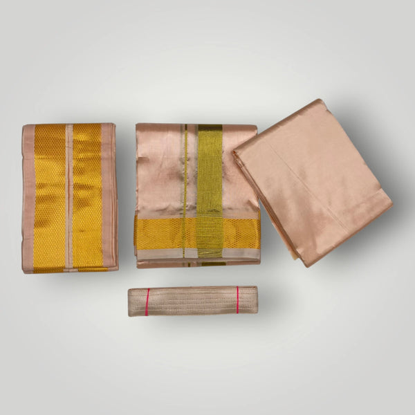 HORAD Premium Art Silk Rose Gold Dhoti with Shirt Material + Angavastram + Belt