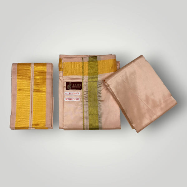 HORAD Premium Art Silk Rose Gold Welcro Dhoti with Shirt Material + Angavastram