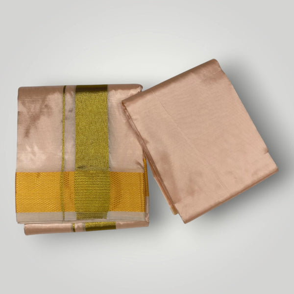 HORAD Premium Art Silk Rose Gold Dhoti with Shirt Material + Angavastram