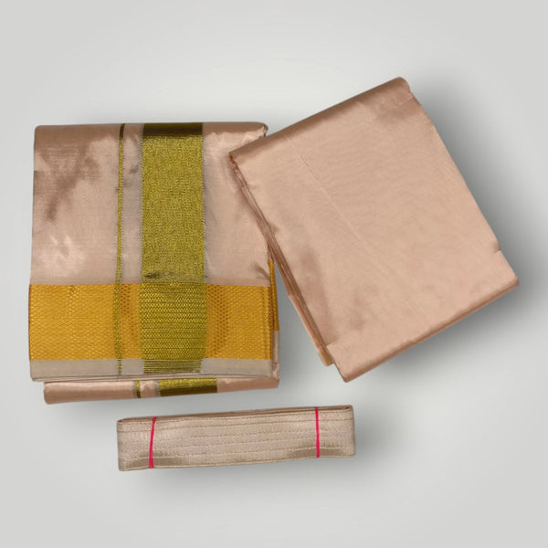 HORAD Premium Art Silk Rose Gold Dhoti with Shirt Material + Belt