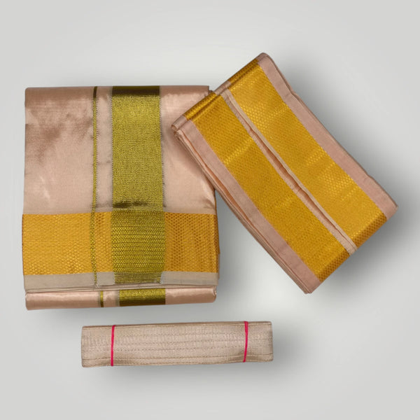 HORAD Premium Art Silk Rose Gold Dhoti + Angavastram + Belt (8X4)