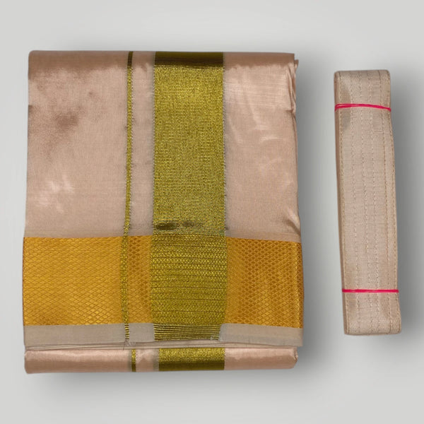 HORAD Premium Art Silk Rose Gold Dhoti with Shirt Material + Angavastram + Belt