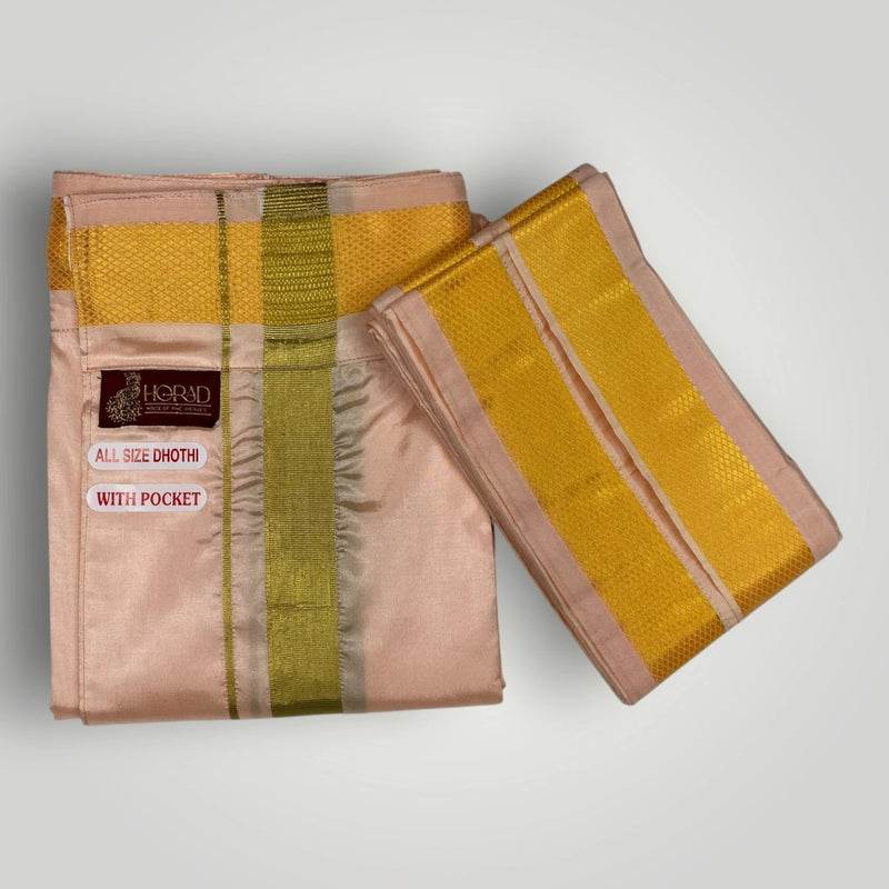 Horad Premium Art Silk Rose Gold Welcro Dhoti + Angavastram