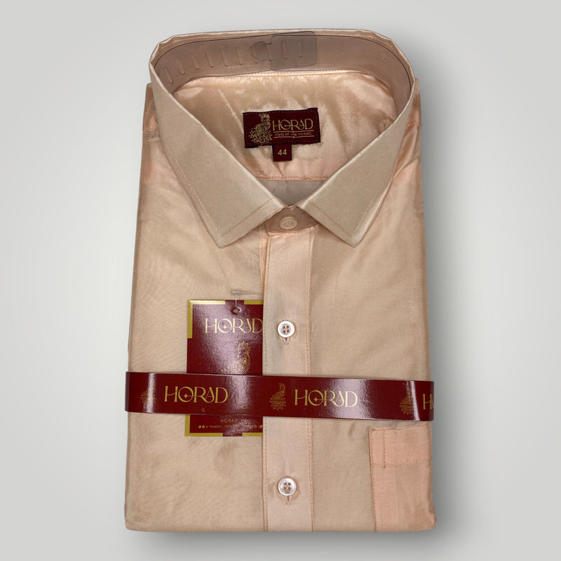 Horad Premium Art Silk Dad and Son RoseGold Shirt + Cream with RoseGold+Gold Border Welcro Dhoti