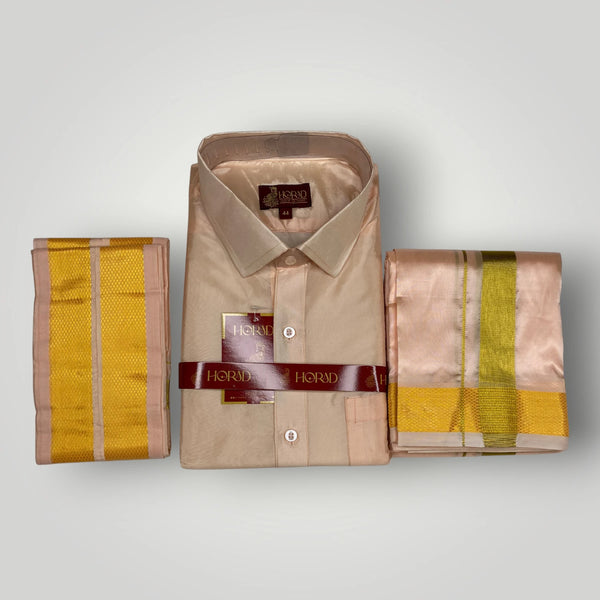 Horad Premium Art Silk Rose Gold Shirt + Dhoti +  Angavastram
