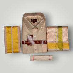 Horad Premium Art Silk Rose Gold Shirt + Dhoti +  Angavastram + Belt