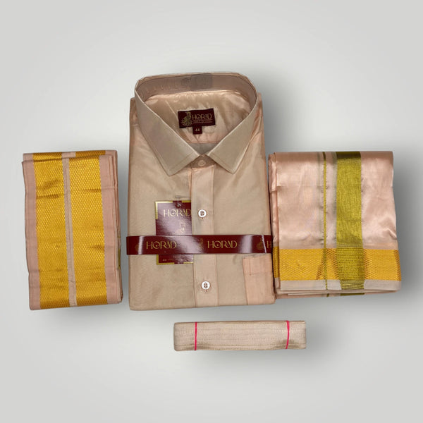 Horad Premium Art Silk Rose Gold Shirt + Dhoti +  Angavastram + Belt