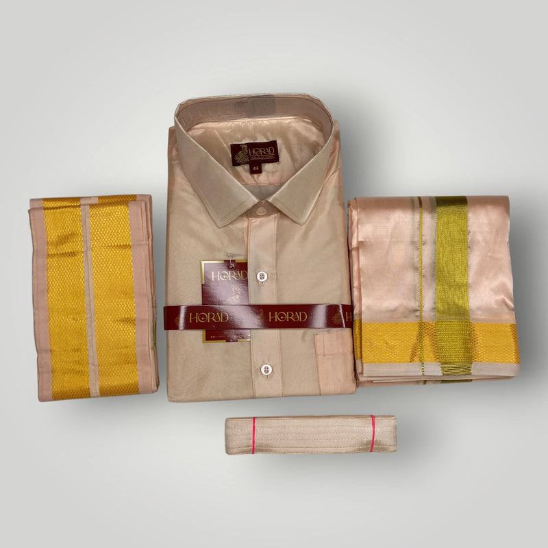 Horad Premium Art Silk Rose Gold Shirt + Dhoti +  Angavastram + Belt