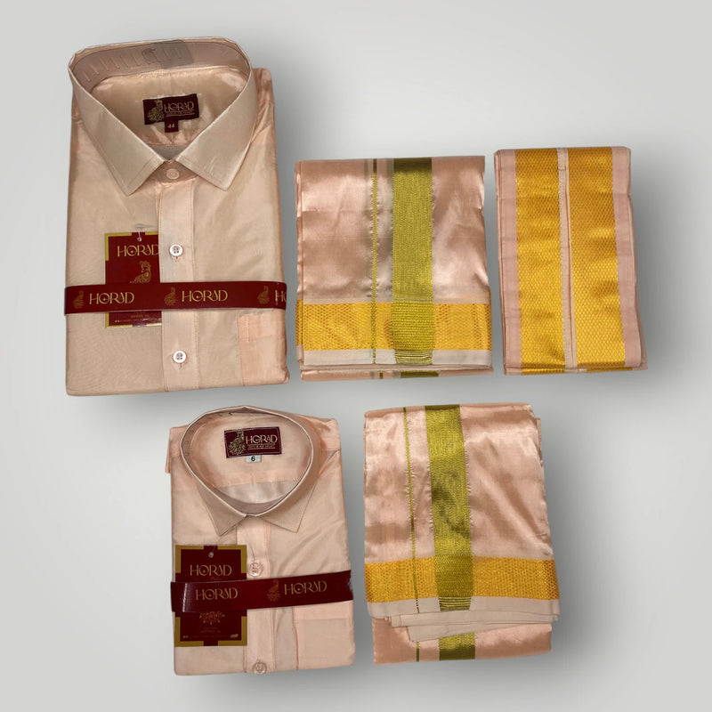 Horad Premium Art Silk Dad and Son Rose Gold Shirt + Dhoti + Angavastram