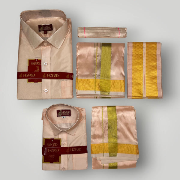 Horad Premium Art Silk Dad and Son Rose Gold Shirt + Dhoti + Angavastram + Belt