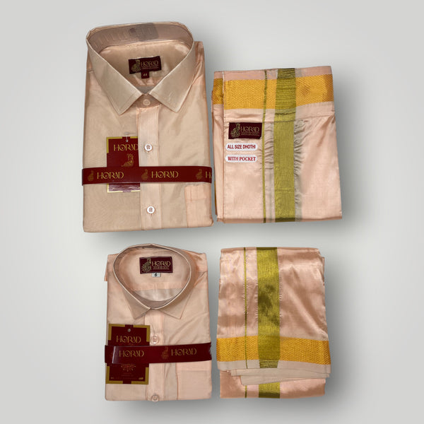 Horad Premium Art Silk Dad and Son Rose Gold Shirt + Welcro Dhoti