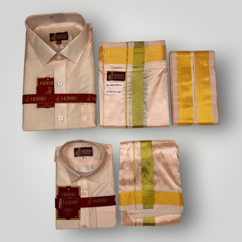 Horad Premium Art Silk Dad and Son Rose Gold Shirt + Welcro Dhoti + Angavastram
