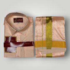 Horad Premium Art Silk Dad and Son Rose Gold Shirt + Dhoti + Angavastram + Belt