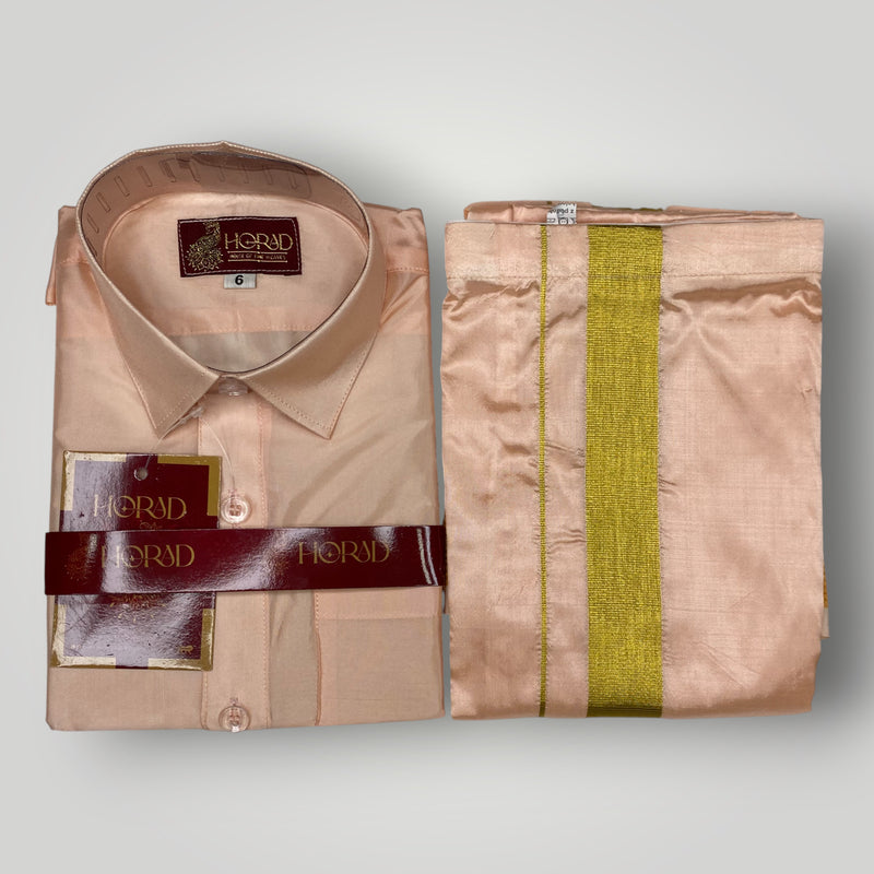 Horad Premium Art Silk Dad and Son Rose Gold Shirt + Welcro Dhoti + Angavastram
