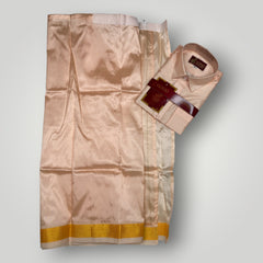 Horad Premium Art Silk Dad and Son Rose Gold Shirt + Welcro Dhoti + Angavastram