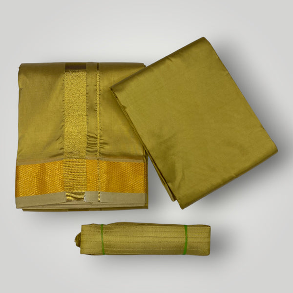 HORAD Premium Art Silk Dark Gold Dhoti with Shirt Material + Belt