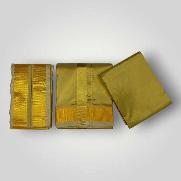HORAD Premium Art Silk Dark Gold Dhoti with Shirt Material + Angavastram