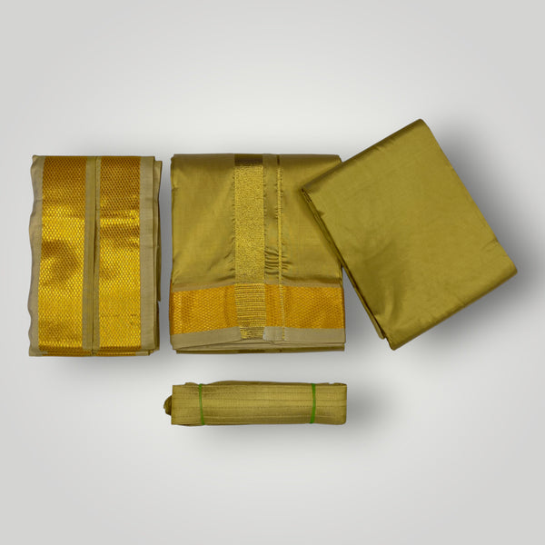 HORAD Premium Art Silk Dark Gold Dhoti with Shirt Material + Angavastram + Belt