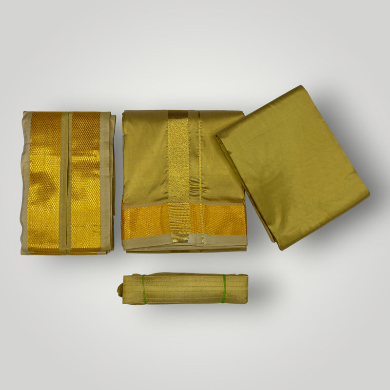 HORAD Premium Art Silk Dark Gold Dhoti with Shirt Material + Angavastram + Belt