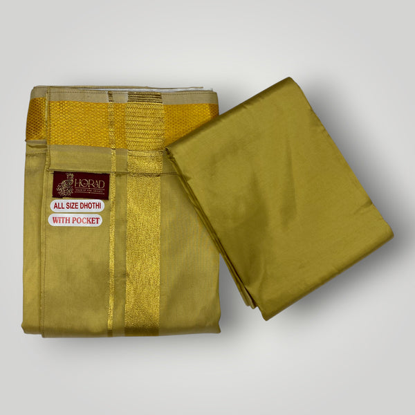 HORAD Premium Art Silk Dark Gold Welcro Dhoti with Shirt Material