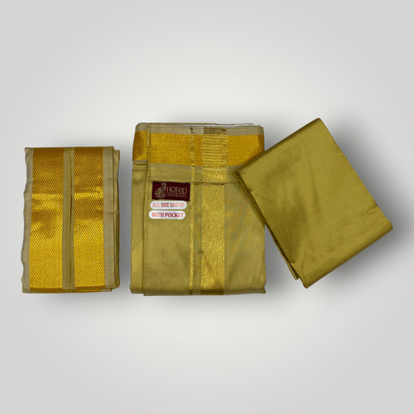 HORAD Premium Art Silk Dark Gold Welcro Dhoti with Shirt Material + Angavastram