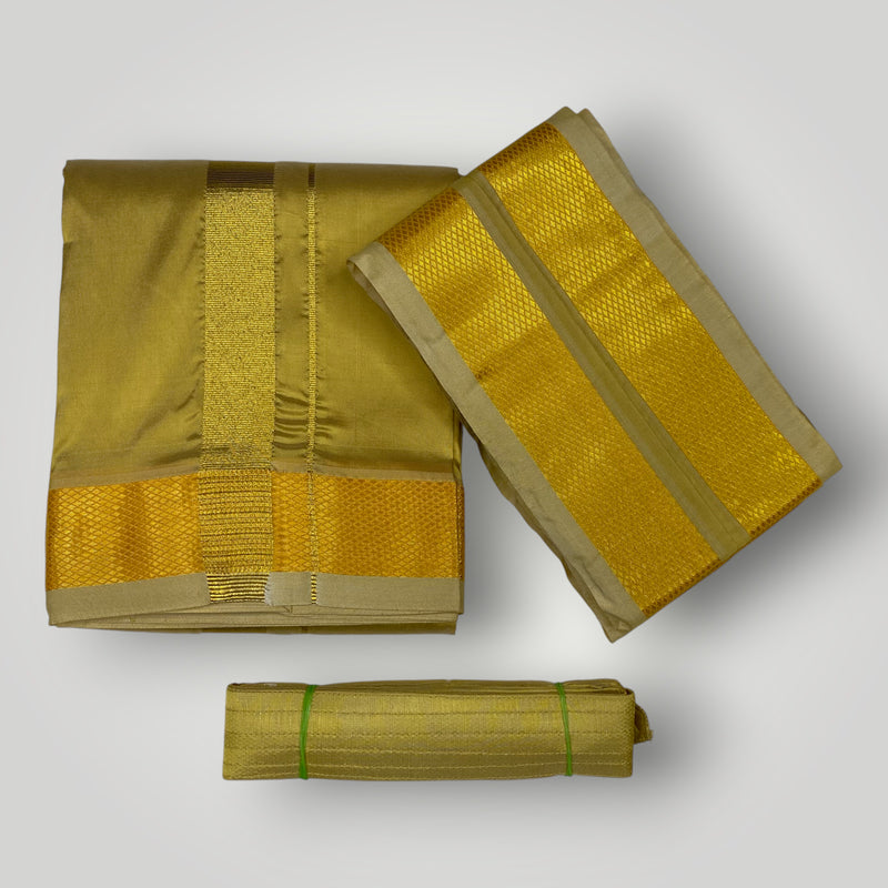 HORAD Premium Art Silk Dark Gold Dhoti + Angavastram + Belt (10X6)