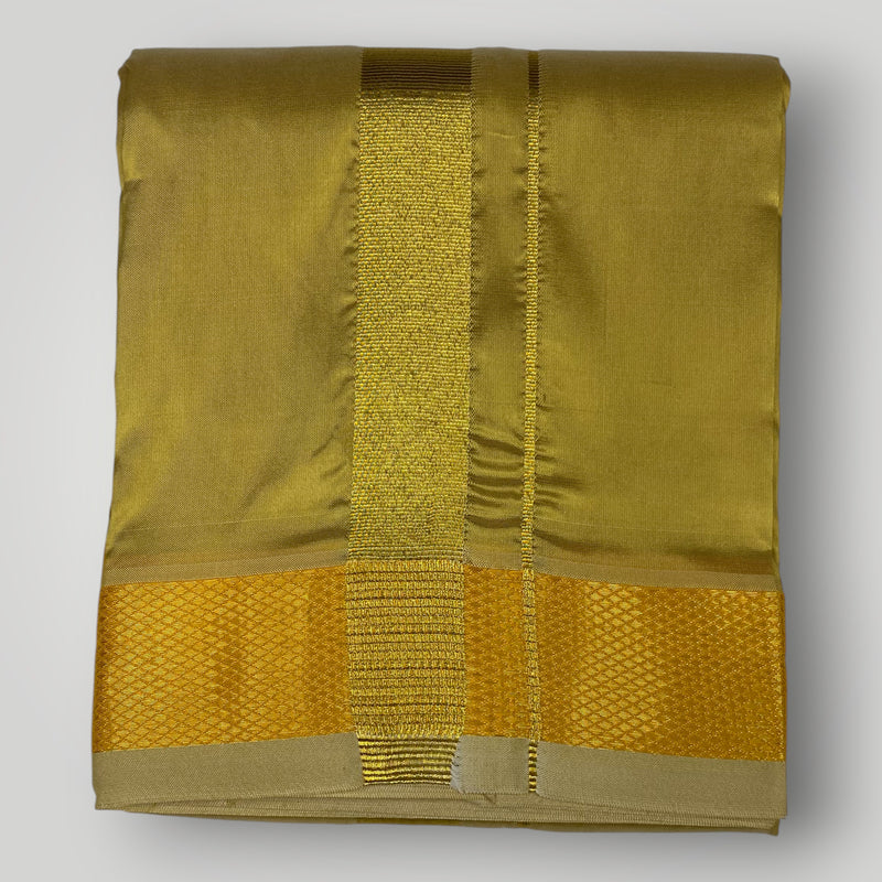 HORAD Premium Art Silk Dark Gold Dhoti with Shirt Material + Angavastram