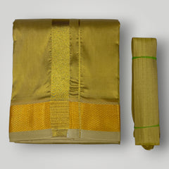 HORAD Premium Art Silk Dark Gold Shirt Material (3 Meter) + (9X5) Dhoti + Angavastram + Belt