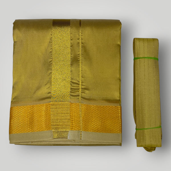 HORAD Premium Art Silk Dark Gold Dhoti with Shirt Material + Angavastram + Belt