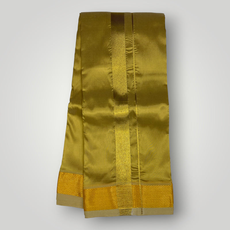 HORAD Premium Art Silk Dark Gold Dhoti with Shirt Material + Angavastram + Belt