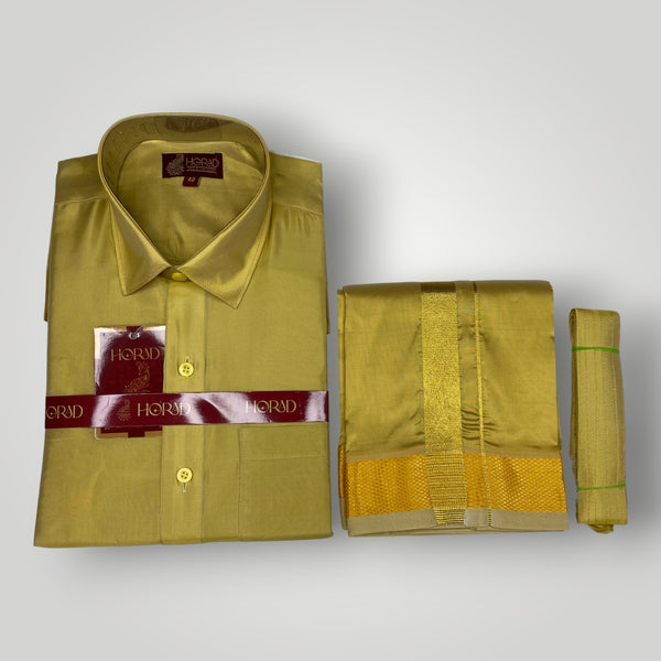 Horad Premium Art Silk Dark Gold Shirt + Dhoti + Belt