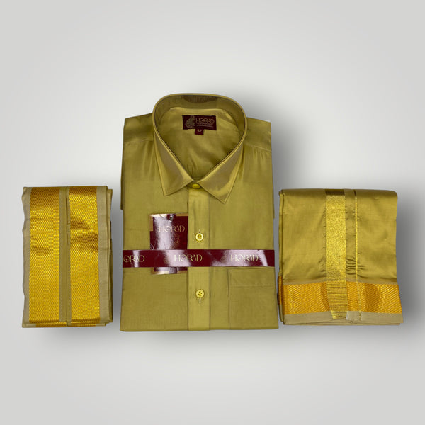 Horad Premium Art Silk Dark Gold Shirt + Dhoti +  Angavastram