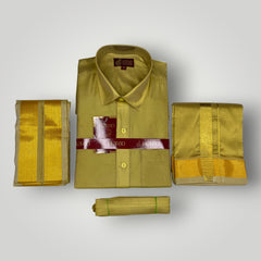 Horad Premium Art Silk Dark Gold Shirt + Dhoti +  Angavastram + Belt