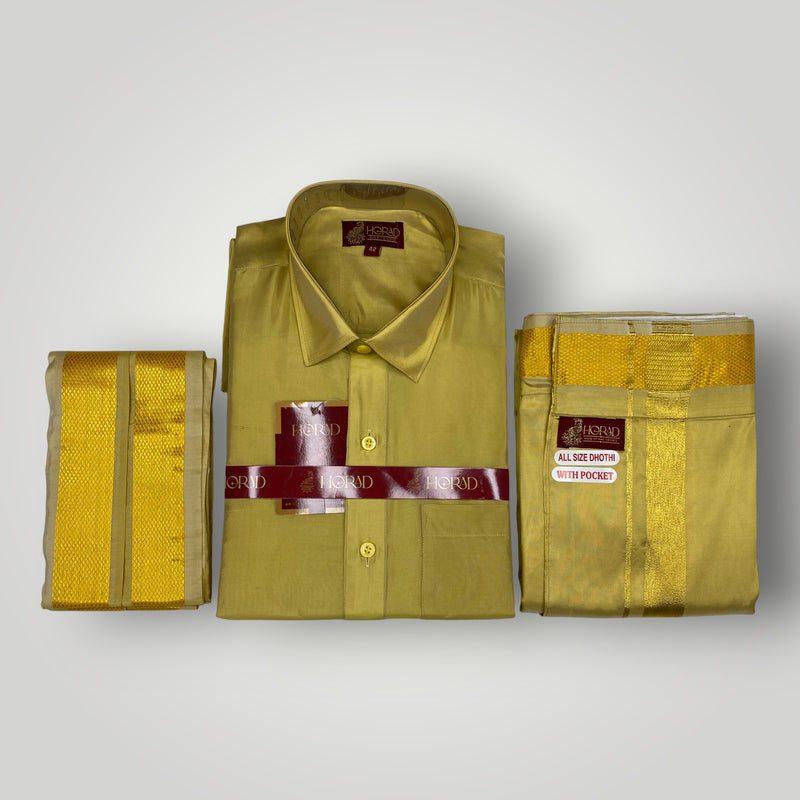 Horad Premium Art Silk Dark Gold Shirt + Welcro Dhoti + Angavastram