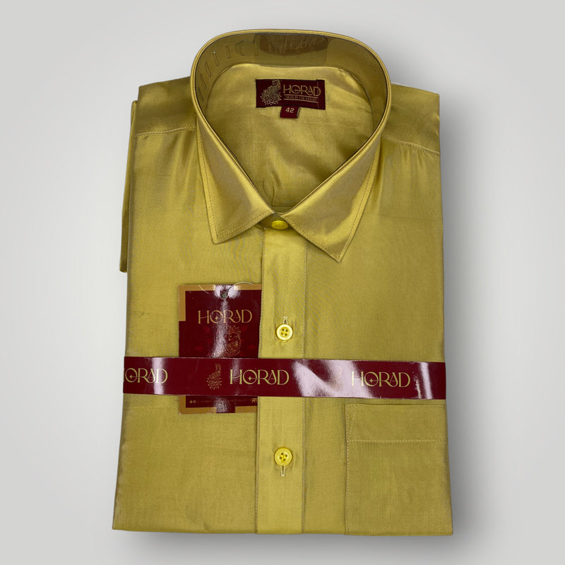 Horad Premium Art Silk Dad and Son Dark Gold Shirt + Welcro Dhoti + Angavastram