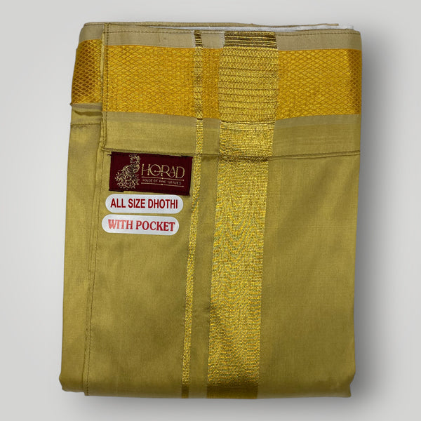 HORAD Premium Art Silk Dark Gold Welcro Dhoti with Shirt Material + Angavastram
