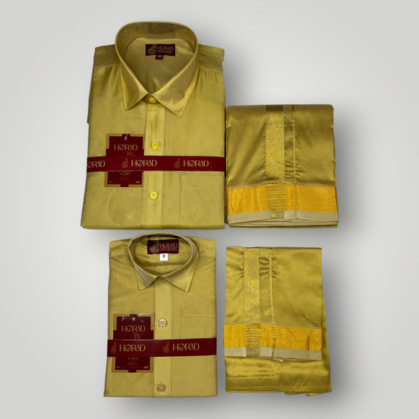 Horad Premium Art Silk Dad and Son Dark Gold Shirt + Dhoti