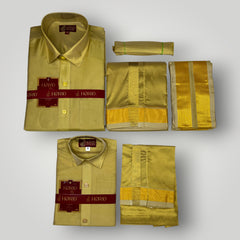 Horad Premium Art Silk Dad and Son Dark Gold Shirt + Dhoti + Angavastram + Belt