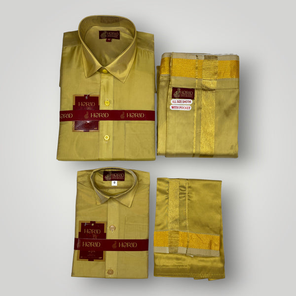 Horad Premium Art Silk Dad and Son Dark Gold Shirt + Welcro Dhoti