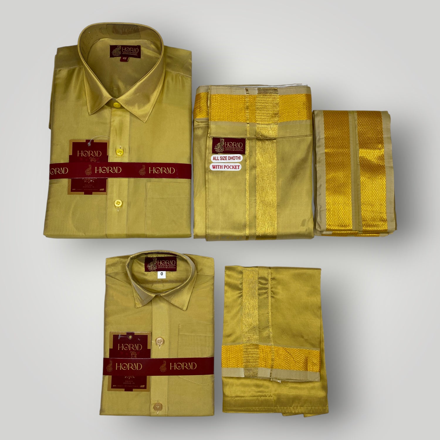 Horad Premium Art Silk Dad and Son Dark Gold Shirt + Welcro Dhoti + An ...