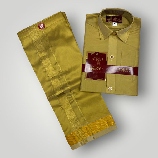 Horad Premium Art Silk Dad and Son Dark Gold Shirt + Dhoti