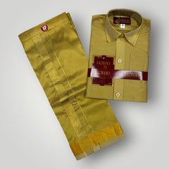 Horad Premium Art Silk Dad and Son Dark Gold Shirt + Welcro Dhoti + Angavastram