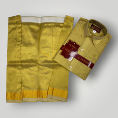 Horad Premium Art Silk Dad and Son Dark Gold Shirt + Dhoti + Angavastram + Belt