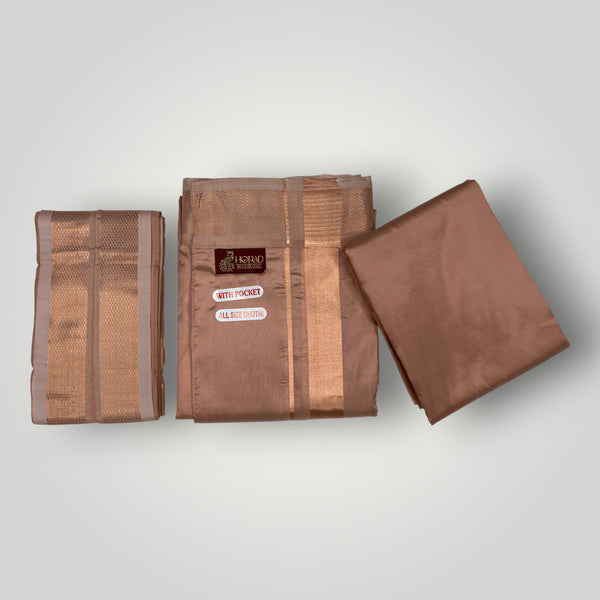 HORAD Premium Art Silk Copper  Welcro Dhoti with Shirt Material + Angavastram