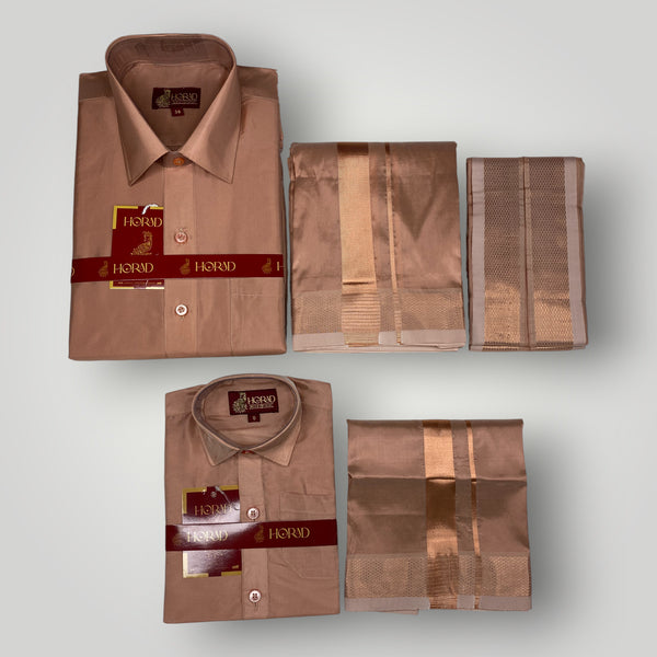 Horad Premium Art Silk Dad and Son Copper  Shirt + Dhoti + Angavastram