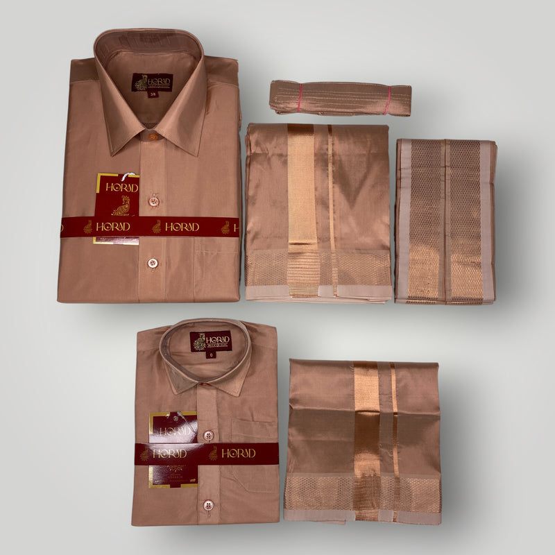 Horad Premium Art Silk Dad and Son Copper  Shirt + Dhoti + Angavastram + Belt