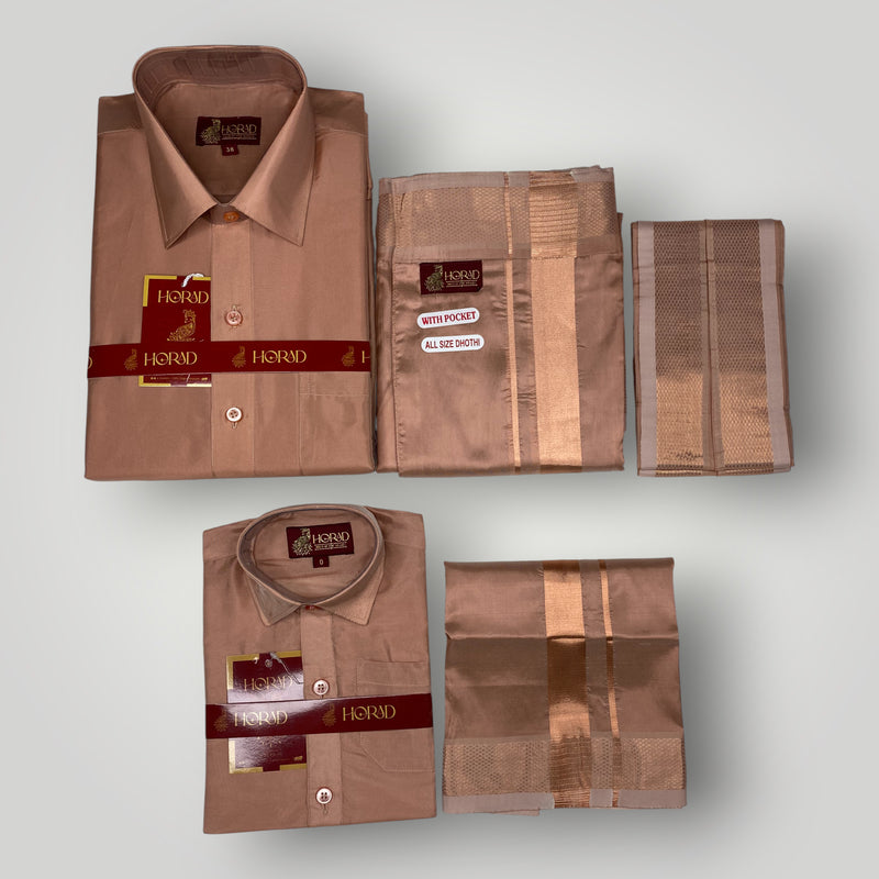 Horad Premium Art Silk Dad and Son Copper Shirt + Welcro Dhoti + Angavastram